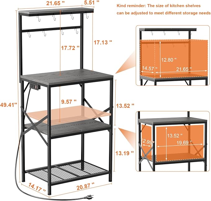 Kitchen Bakers Rack with Power Outlet, Small Coffee Bar Cart 4 Tiers, Microwave Stand with 8 Hooks, Adjustable Shelf, Freestanding Kitchen Appliance Stand, Black Oak