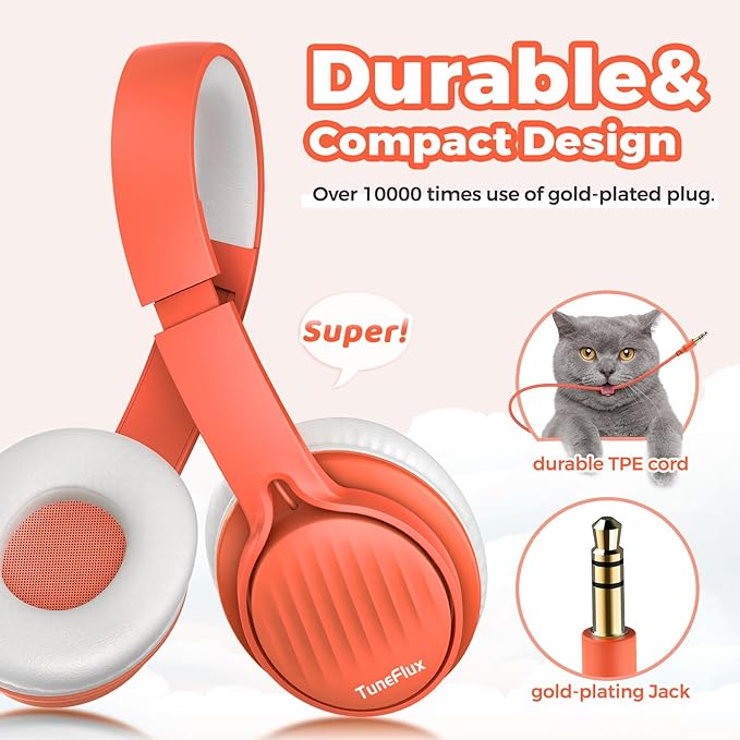 TuneFlux Upgraded Kids Headphones, Wired Toddler Headsets, 85dB Limited Volume On Ear Headphones, Portable Foldable Design, Stereo Sound Kids Headsets for School/Tablet/Travel-Orange