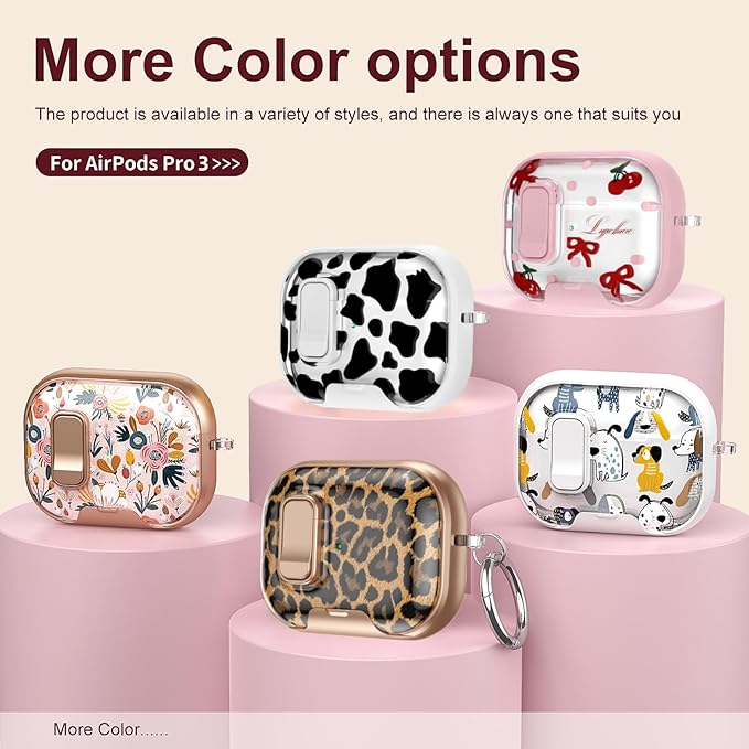 Case Compatible with AirPods Pro 3 2025,Cute Cow Print Cover for AirPods Pro 3rd Gen with Built-in Phone Stand,One-Click Secure Lock & Carabinerl,Wireless Charging Keychain,Gift for Girls Women