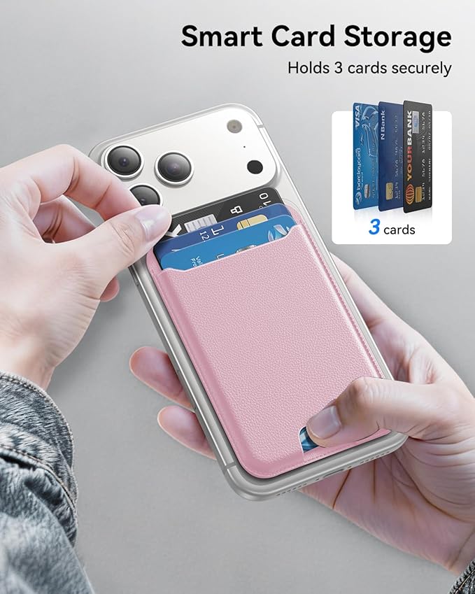 for MagSafe Wallet, 3 Cards Holder, Slim Magnetic Phone Wallet for iPhone 17/16/15/14/13/12 Pro Max Plus Air Series,RFID Blocking Vegan Leather,Pink