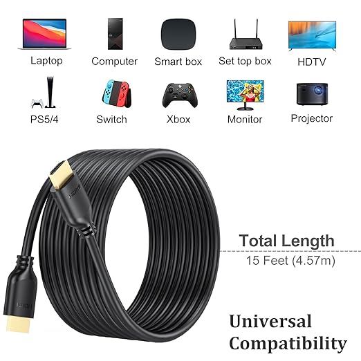 4K Long HDMI Cable 15 FT 2-Pack, HDMI to HDMI Cable 15 Foot High Speed HDMI 2.0 Cord 4K@60Hz, 2K 1440P@144Hz, 1080P, HDCP 2.2, HDR, 3D, ARC & Ethernet for HDTV, Laptop, Monitor, PS5, PS4, Xbox