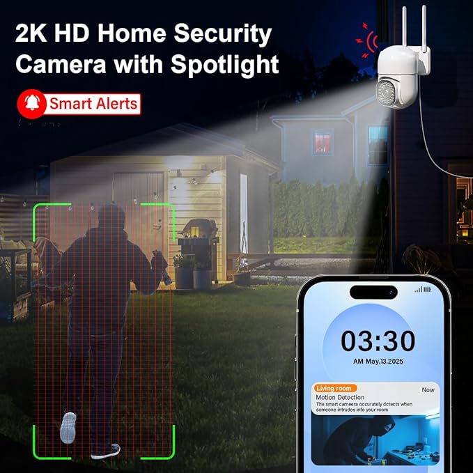 3MP Security Camera Outdoor, 2K HD Cameras for Home Security, Support 2.4GHz WiFi, 360° PTZ Auto Tracking, 2-Way Audio, Motion Detection and Siren, Cloud/SD Storage, Waterproof