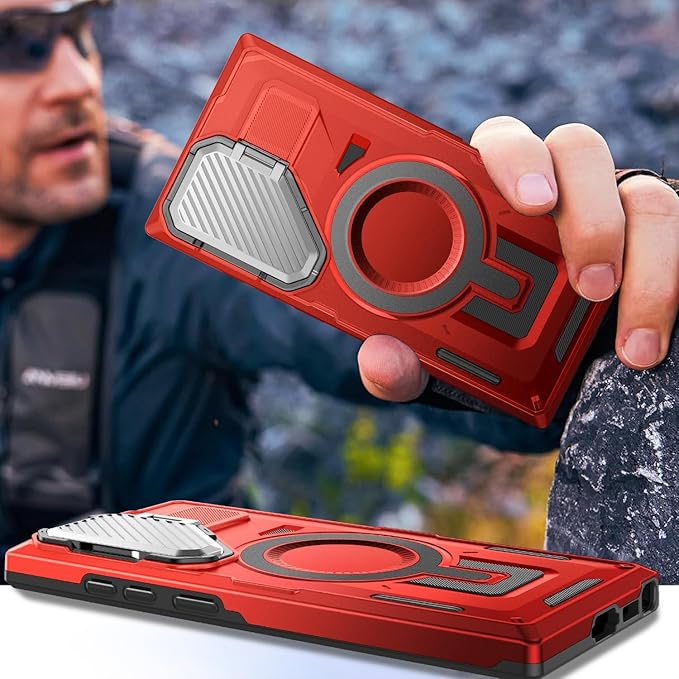Camera Stand Case for Galaxy S25 Ultra, [Compatible with MagSafe][Lens Cover] 2024 Version Military Grade Protective Soft Case for Samsung Galaxy S25 Ultra 6.86" Men Women, Red