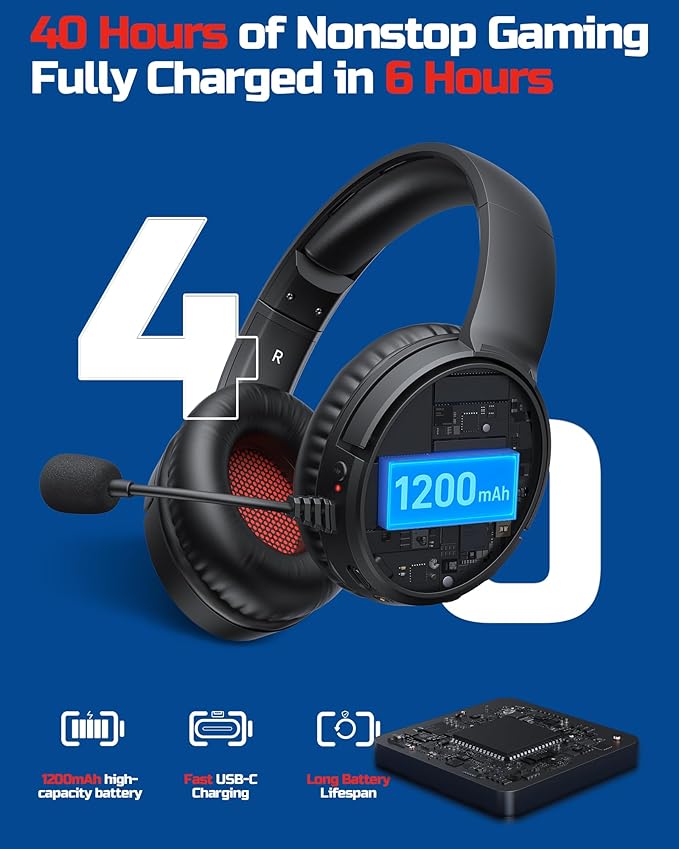 BINNUNE Wireless Gaming Headset with Mic, Lightweight Over-Ear Gaming Headphones Comfort for Long Gaming Sessions, Low Latency Wireless + Bluetooth, Noise Cancelling Mic, 50mm Drivers, 40H Battery
