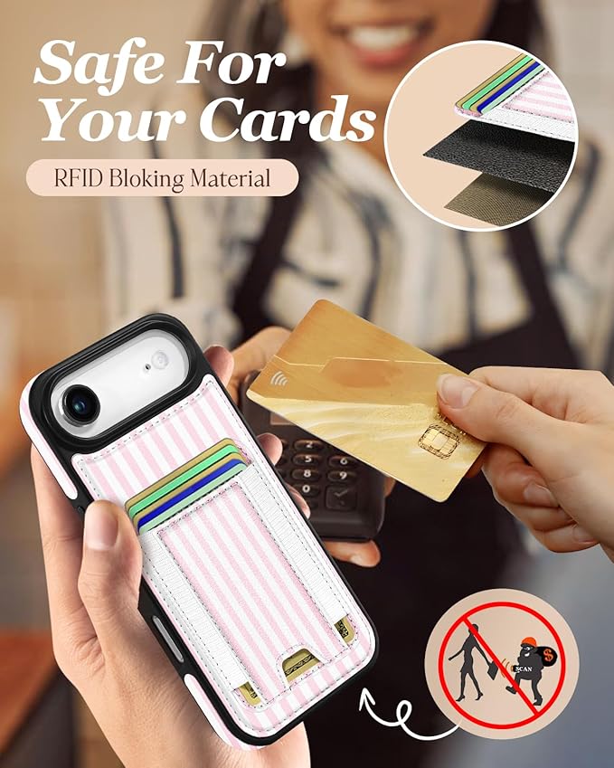 Shorogyt for iPhone Air Wallet Case - Fits 5 Cards, Compatible with Magsafe Detachable Magnetic Credit Card Holder Leather Cardholder Cute Phone Cover Women Girls for Apple 17 Air, Striped