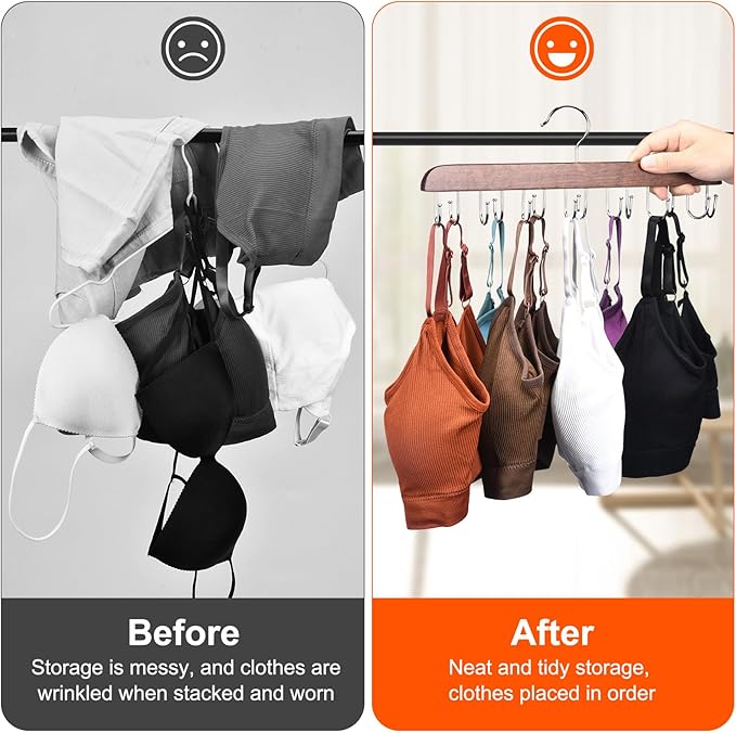 2 Pack Bra and Tank Top Closet Organizer Hanger, Foldable Wooden Space-Saving Hanger with 14 Hooks, Bra Hangers for Closet Organizer，Premium Closet Organizers and Storage for Dorm & Apartment (Brown)
