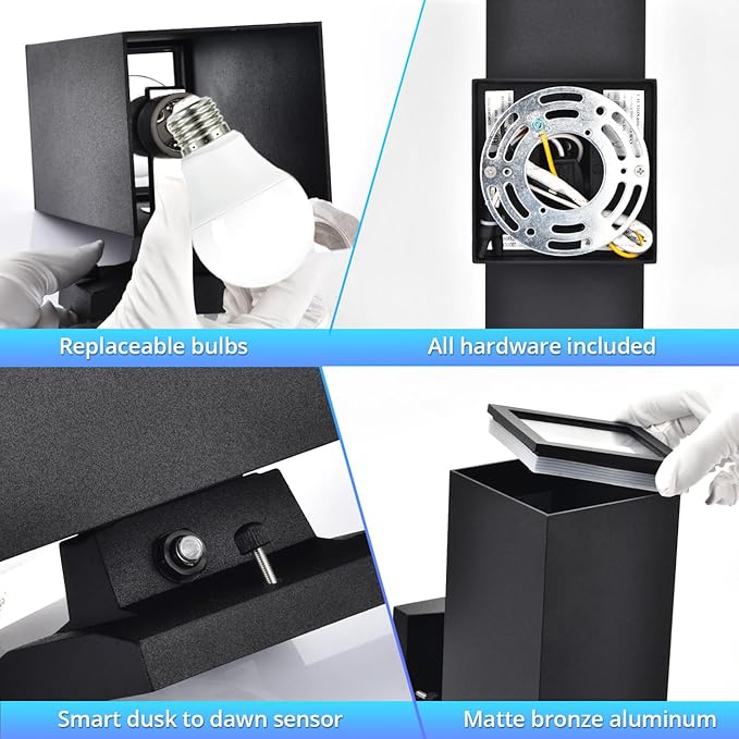 wowlite Outdoor Wall Light with Dusk to Dawn Sensor, 6000K Cool Light LED Up Down Sconce, Waterproof 13" Modern Square Matte Black Exterior Light Fixture Wall Mount for Porch Patio Garage, ETL Listed