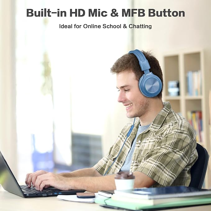 SIMOLIO Over-Ear Kids Headphones with Microphone and Volume Limited Plug in Headphones Wired, Foldable Corded Stereo 3.5mm Headset for Smartphones Chromebook Laptop Computer PC Tablets Travel (Blue)
