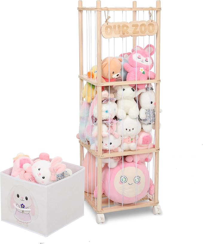 Stuffed Animal Storage with Removable Fabric Bins & Locking Wheels, 2-in-1 Wooden Toy Organizer and Display Shelf - Space-Saving for Playroom, Bedroom, Nursery