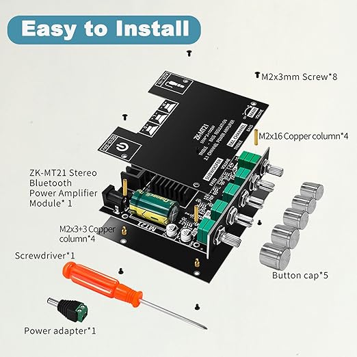 ZK- MT21 Bluetooth Amplifier Board 50W+50W+100W with Treble and Bass Control, Bluetooth 5.0 HiFi 2.1 Channel Subwoofer Stereo Amplifier Board,BT and AUX Inputs for DIY Wireless Speakers