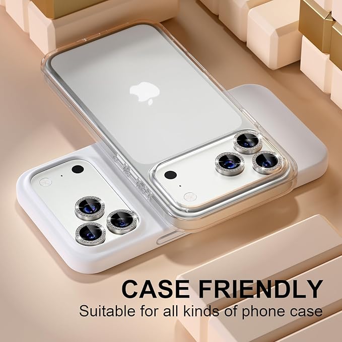 Misea Compatible for iPhone 17 Pro/iPhone 17 Pro Max Camera Lens Protector Bling, 9H Tempered Glass Camera Cover Screen Protector Metal Individual Ring Decoration Accessories, Natural Titanium Diamond