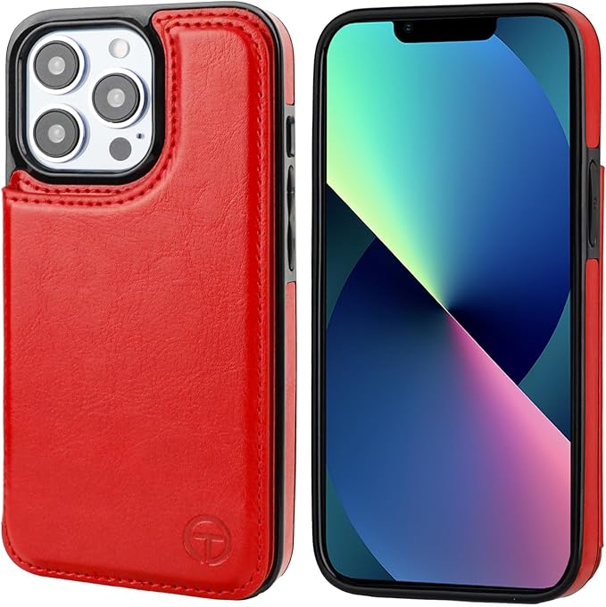 ONETOP Compatible with Magsafe for iPhone 13 Pro Wallet Case with Card Holder, PU Leather Kickstand RFID Blocking Case, Double Magnetic Clasp and Durable Shockproof Cover 6.1 Inch (Red)