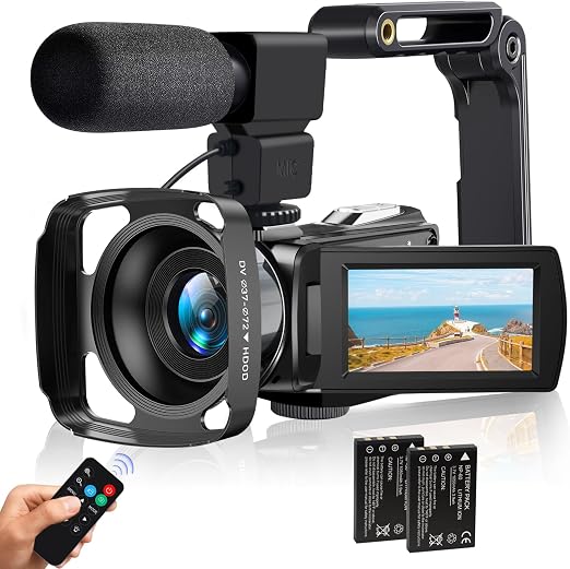 Camcorder Video Camera 4K 48MP HD Camera Recorder, 18X Digital Zoom 3" Touch Screen Vlogging Camera for YouTube with Microphone, Stabilizer, Lens Hood, Remote and 2 Batteries
