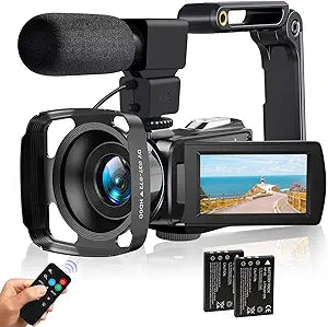 Camcorder Video Camera 4K 48MP HD Camera Recorder, 18X Digital Zoom 3" Touch Screen Vlogging Camera for YouTube with Microphone, Stabilizer, Lens Hood, Remote and 2 Batteries
