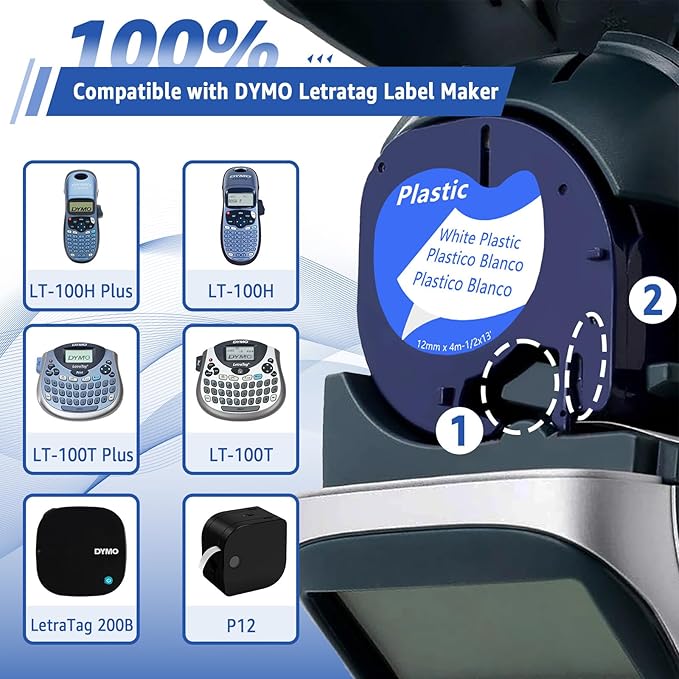 6 Pack Plastic Letra Tag Label Tape Black on Clear/White/Yellow/Red/Green/Blue Compatible for Dymo Label Maker Refills 12mm x 4m for Dymo Letra tag Refills LT100H LT100T 200B QX50