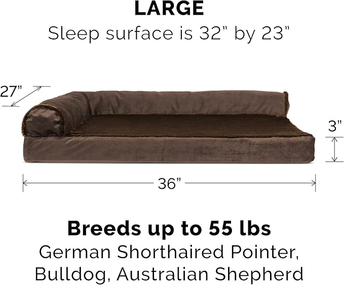 Furhaven Cooling Gel Dog Bed for Large/Medium Dogs w/ Removable Bolsters & Washable Cover, For Dogs Up to 55 lbs - Plush & Velvet L Shaped Chaise - Sable Brown, Large