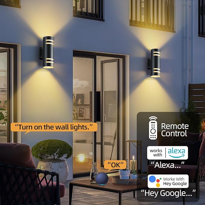 Smart Outdoor Wall Lights 2 Pack, Cylinder Black Exterior Lighting Fixtures Dusk to Dawn Outdoor Lighting, Aluminum Color Changing Porch Lights, Ambiance Sconce Control with App and Voice