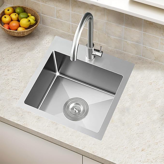 18x18 Inch Drop In Bar Sink, 18 Inch Small Kitchen Sink, Topmount Stainless Steel Small Kitchen Bar Sink for Laundry Wet Bar Prep RV Office Outdoor Yard with Dish Grid and Basket Strainer