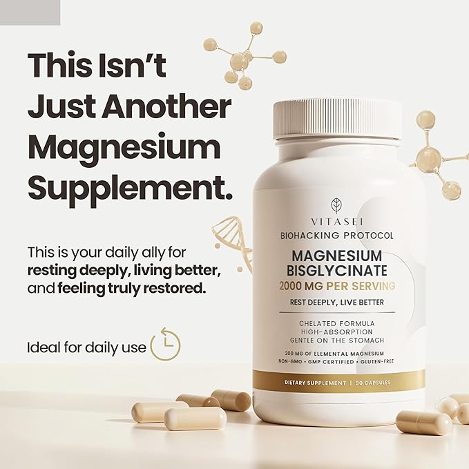 Vitasei Magnesium Bisglycinate – High Absorption Chelated Formula – 2000 mg per Serving (200 mg Elemental Magnesium) for Relaxation, Sleep & Muscle Recovery – Gentle on Stomach – 90 Capsules