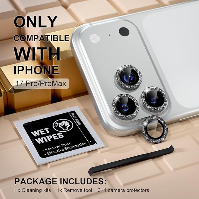 Misea Compatible for iPhone 17 Pro/iPhone 17 Pro Max Camera Lens Protector Bling, 9H Tempered Glass Camera Cover Screen Protector Metal Individual Ring Decoration Accessories, Black Glitter