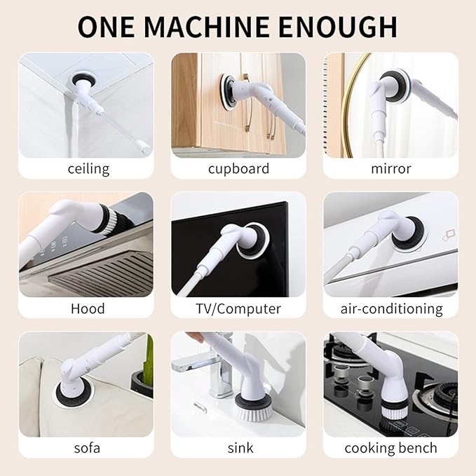 Electric Spin Scrubber, Cordless Bathroom Shower Cleaner, Cleaning Brush with 9 Brush Heads 2H Power Dual Speed, Adjustable & Detachable Long Handle, IPX7 Waterproof for Tub Tile Floor Car