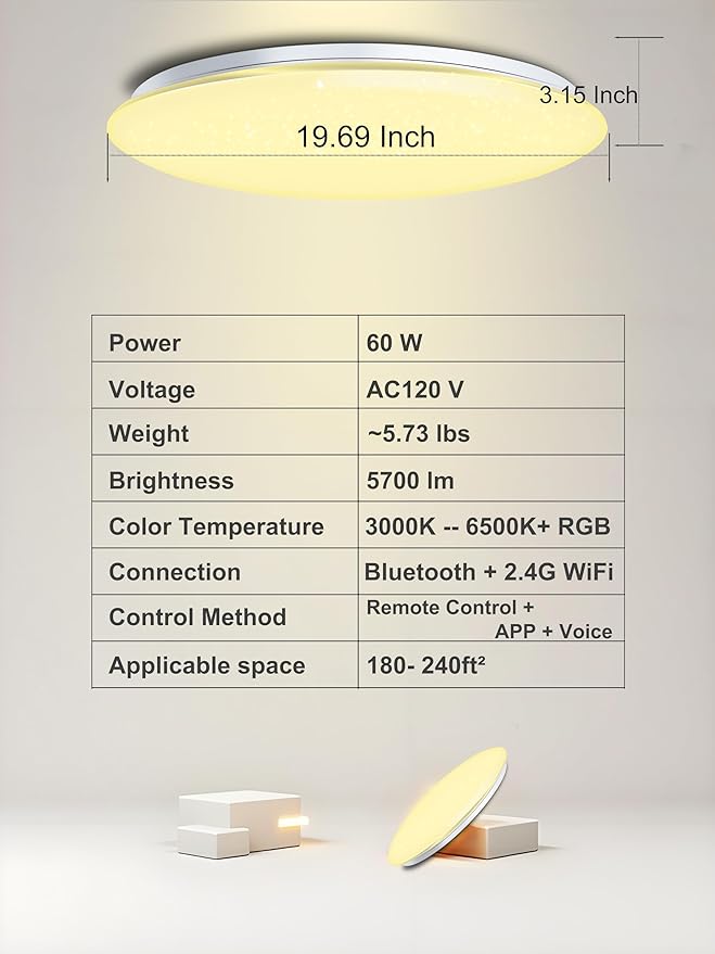 WF-Version LED Ceiling Light with Speaker 60W 20Inch Control via app/Voice/Remote Adjustable Brightness & Color Temperature Ceiling Lamp RGB Ambient Lighting for Bedroom Kids Room and More