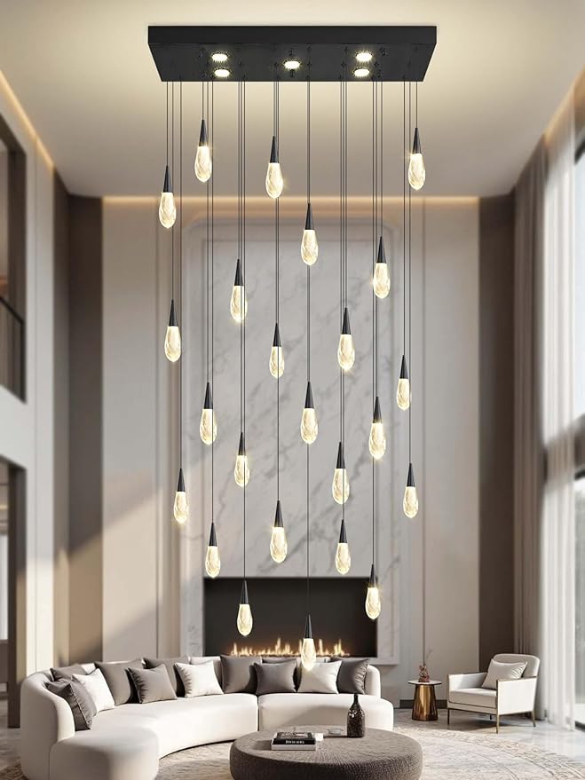 Rectangular Chandelier 24-Lights LED Dimmable Raindrop Chandeliers for High Ceiling Large Chandelier Light Fixture Black High Ceiling Pendant Lights for Villa Living Room Staircase