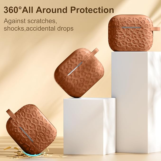 Leopard Engraved for AirPods 4 Case Cover 2024,Soft Silicone Protective Case Compatible with Apple AirPods 4th Generation Case for Women,Cute AirPod 4 Case Accessories with Keychain (Brown)