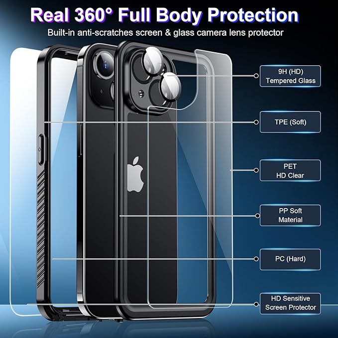 2025 New Designed for iPhone 15 Case Waterproof, [Military Grade Shockproof][Glass Camera Protector & Built-in Screen Protector][IP68 Underwater][Dustproof][Dropproof] Full Phone Case 6.1"