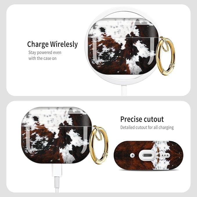 Cute Hard Case Compatible with AirPods Pro 3rd Generation Case (2025), Shockproof Protective Cover with Golden Keychain Ring Clip (Cute Cowhide Pattern)