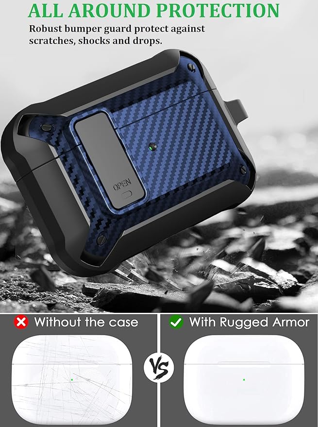 for Airpods Pro 2/1 Gen Case Cover with Lock (2019/2022/2023), Rugged Locking Case for Airpod Pro 2nd/1st Generation Shockproof Armor Protective Skin for Apple iPod Pro-Black/Blue