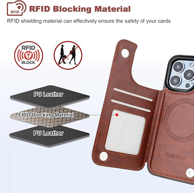 ONETOP Compatible with Magsafe for iPhone 13 Pro Wallet Case with Card Holder, PU Leather Kickstand RFID Blocking Case, Double Magnetic Clasp and Durable Shockproof Cover 6.1 Inch (Brown)