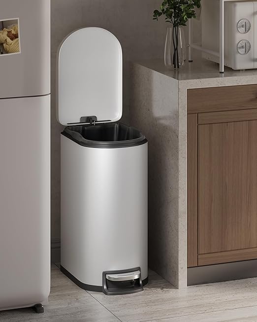 Stainless Steel Bathroom Trash Can with Lid, Slim Waterproof Garbage Can, Small Step-on Metal Trash Bin with Soft Close Lid, Inner Bucket & Rear Handle for Bathroom, Bedroom, Kitchen