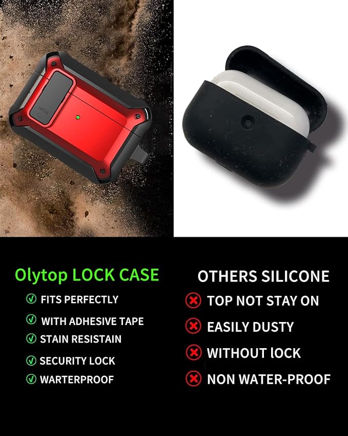 for Airpods Pro 2/1 Gen Case Cover with Lock (2019/2022/2023), Rugged Locking Case for Airpod Pro 2nd/1st Generation Shockproof Armor Protective Skin for Apple iPod Pro - Black/Red