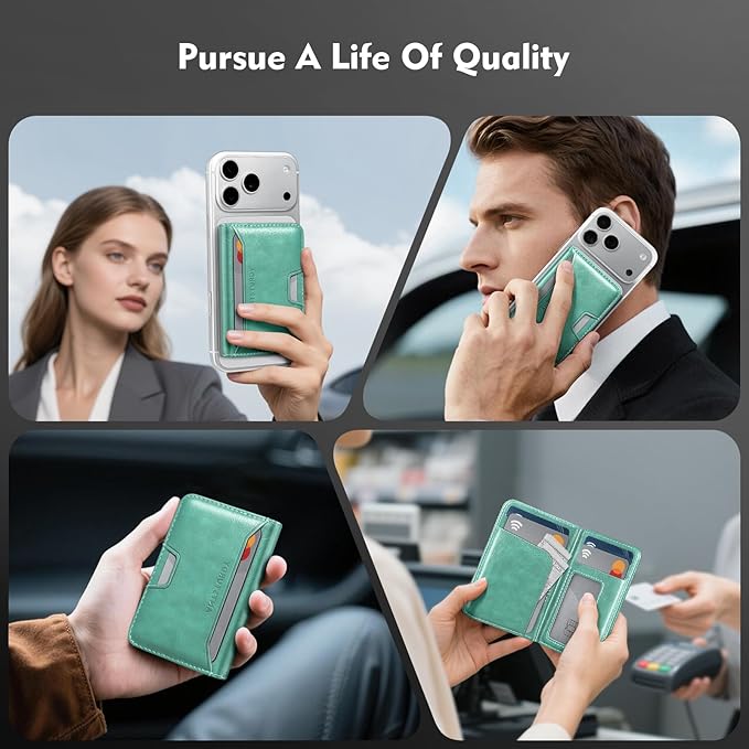 Antsturdy for Magsafe Wallet Stand with Holder,PU Leather RFID Blocking Card Holder,5 Card Slots,Strong Magnet Minimalist Flip Folio Kickstand for iPhone 17/16/15/14/13/12/Pro/Max/Plus/Air,Blue Green