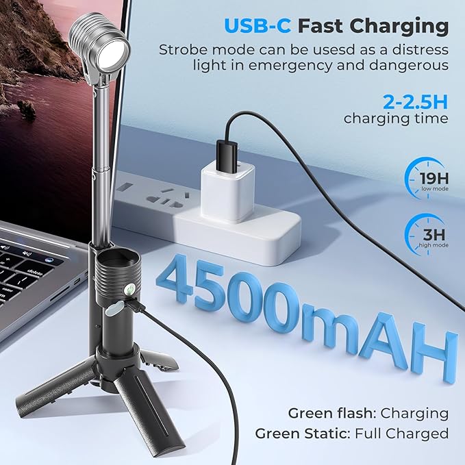 AsFrost Flashlight Camping Light 2in-1, 180°Flip Double Lamp 8-Mode Rechargeable LED Bright Flash Light Camp Lantern Reading Light Waterproof 4500mAh for Outdoor Home Emergency, Gift for Men Women