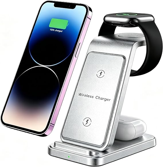 Wireless Charging Station for iPhone 17 16 15 14 13 12 Pro Max Plus Air, 3 in 1 Wireless Charger Stand for Multiple Devices, iWatch 11 10 9 8 7 6 5 4 3 2 SE Ultra Silver