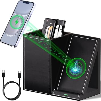 LADSTAG Pen Organizer with Phone Stand,Black Vegan Leather Desk Organizers with Remote Control Holder,Pencil Holder for Desk,Desk Organizer with Phone Charger for Office/Nightstand/Endtable