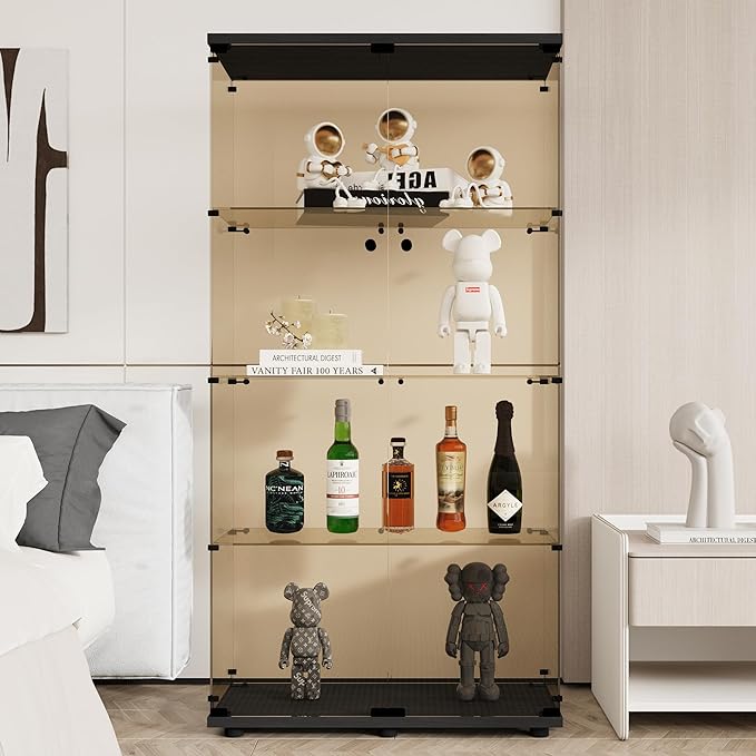 LFT HUIMEI2Y 4-Shelf Brown Glass Display Cabinet with Double Doors, Curio Cabinets Tempered Glass Floor Standing Bookshelf for Bedroom, Kitchen, Living Room 64”x 17”x 14.5” Black