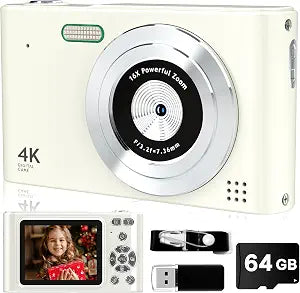 Digital Camera, 44MP Full HD 1080P Point and Shoot Camera with 64GB Card, Anti Shake 16X Zoom Compact Volg Cameras, Portable Small Camara Gift for Kids, Ages Teen Girl Boy - White