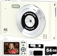 Digital Camera, 44MP Full HD 1080P Point and Shoot Camera with 64GB Card, Anti Shake 16X Zoom Compact Volg Cameras, Portable Small Camara Gift for Kids, Ages Teen Girl Boy - White