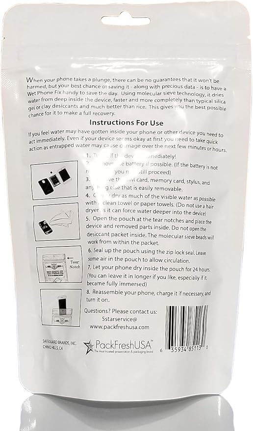 PackFreshUSA: Nine Lives Wet Phone Fix – Premium Desiccant - Water Damage Repair – Moisture Removal – Non-Toxic - Rapid Drying Pouch System for Cell Phones and Electronics - 1 Pack Blue