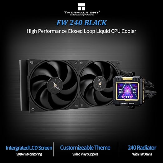 Thermalright FW240 Black CPU Water Cooler with Double PWM Fans with 2000RPM,IPS LCD Screen with 320 * 240 Resolution,Liquid CPU Cooler with 2.4in LCD Display,PC Aio Cooler for AM4/AM5/Intel LGA1851