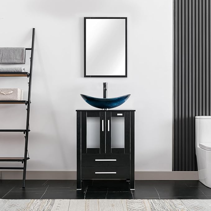 eclife 24" Modern Bathroom Vanity Sink Combo Freestanding Cabinet with Soft Closing Door, Blue Boat Glass Vessel Sink, Water Save Faucet, Drain (Black+A29BU)