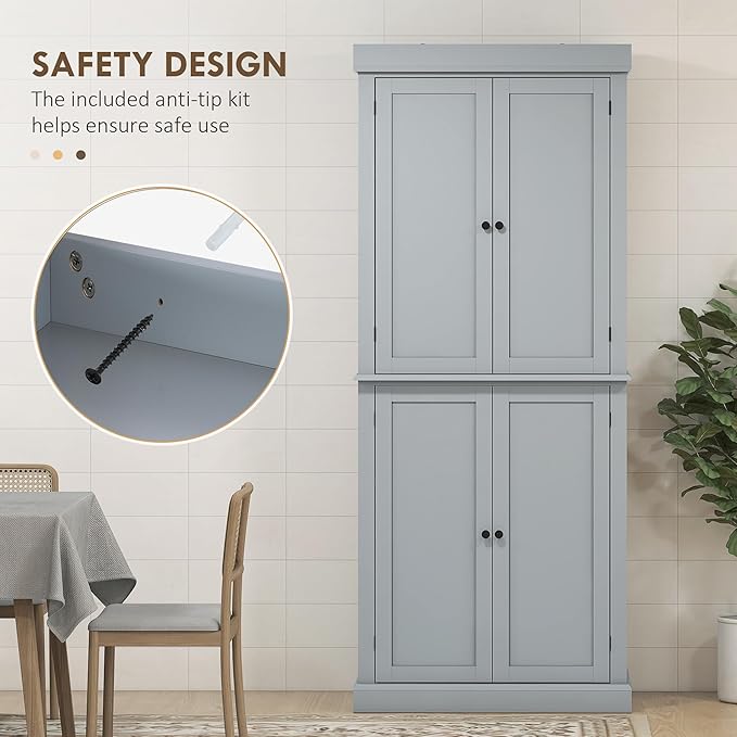 HOMCOM 72.5" Freestanding Kitchen Pantry Cabinet, Tall Storage Cabinet with 4 Doors and 2 Adjustable Shelves for Dining Room, Gray
