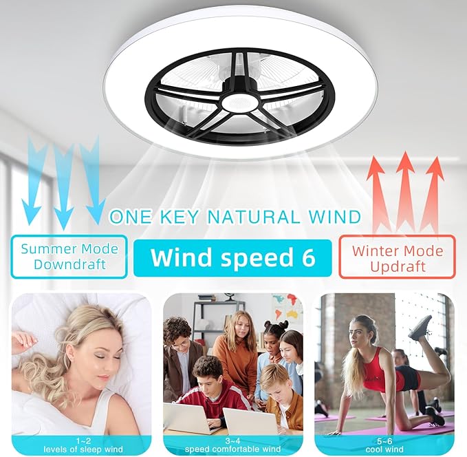 BAYSQUIRREL WiFi Low Profile Ceiling Fan with Light,Bluetooth Speaker Ceiling Fan 20In Smart Bladeless Ceiling Fans with Alexa/Google Assistant/App Control,6 Speed Dimmable LED-RGB Lights