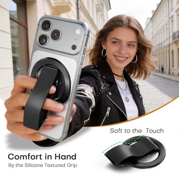 for MagSafe Phone Grip, Magnetic Phone Grip with Silicone Finger Strap & Dual-axis Adjustable Kickstand, Magnetic Phone Stand Ring Holder for Mag Safe iPhone 17/16/15/14/13/12 Series, Black