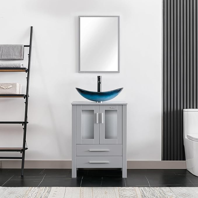 eclife 24" Modern Bathroom Vanity Sink Combo Freestanding Cabinet with Soft Closing Door, Blue Boat Glass Vessel Sink, Water Save Faucet, Drain (Gray+A29BU)