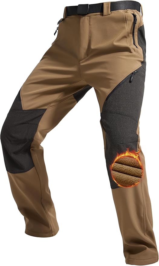 FREE SOLDIER Men's Fleece Lined Outdoor Cargo Hiking Pants Water Repellent Softshell Snow Ski Pants with Zipper Pockets