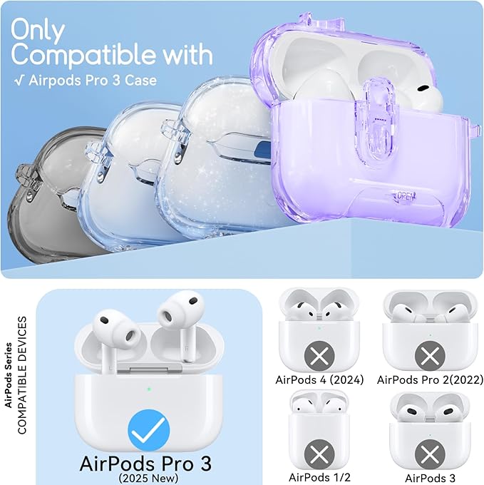 Clear Case for AirPods Pro 3 Case Cover with Safety Lock,Soft TPU Cover with Phone Stand & Cleaning Kit,Cute Bling Keychain for Women Girls-Clear Purple